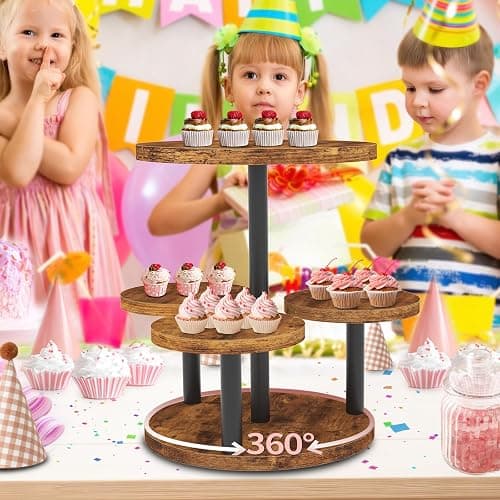 Cupcake Stand, Rotatable Cupcake Stand, Rustic Industrial Wood Cake Stand Cupcake Tower, Dessert Table Display Set Tiered Tray Stand, Round Serving Tray Cake Stands for Party Wedding Birthday thumbnail 6