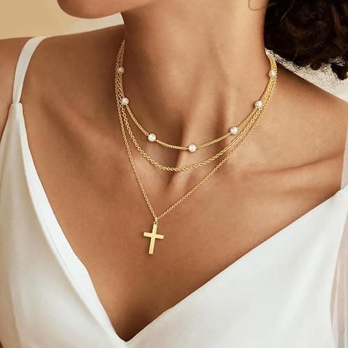 Reuscol Gold Cross Necklace for Women, Dainty 14K Gold Plated Cross Pendant Necklace Non Tarnish Gold Layered Necklace Stack Christian Baptism Religious Faith Jewelry Christmas Gifts for Women thumbnail 4