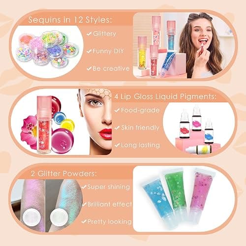 BRIPATI DIY Lip Gloss Making Kit - All-in-One to Make Your Own Lip Care Gloss Set with Clear Base, Pigments, Glitter, Tubes, Fun Creative Gift for Women Girls Makeup Lovers in Christmas Birthdays thumbnail 3