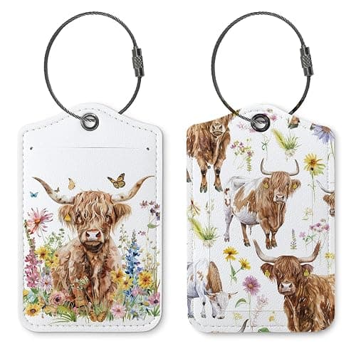Cute Highland Cow Floral Gifts Luggage Tags for Suitcases,Funny 2 Pack Baggage Tag Label with Steel Loop for Girs Women,Animal Kids Luggage Tag Handbag School Bag Backpack Traveling Accessories - Image 1