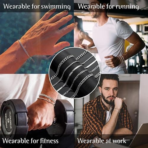 RANKEEF 5PC Chain Bracelet for Men - Stainless Steel Figaro Rope Cuban Link Set 7.5/8.3/9 Inches Mens Silver Bracelet- Gifts for Dad, Husband, Boyfriend thumbnail 3