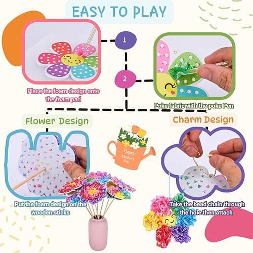 SOLDAY Poke Art Flower Bouquet Craft Kit with Charms for Kids Ages 4-8 8-12 | Includes 6 Poke-art flowers & 8 Hanging charms, Bee, Butterfly, Mess free creative Paper craft activity for gift thumbnail 4