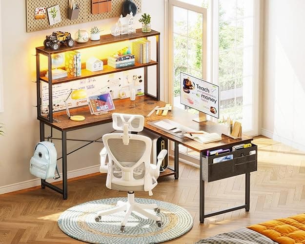 AODK L Shaped Desk Gaming Desk with LED Light & Power Outlet, 53 Inch Reversible L Shaped Computer Table with Shelf & Storage Bag & Hook for Home Office, Vintage thumbnail 8