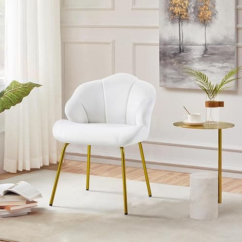 Yaheetech Velvet Armchair, Accent Tub Chair with Metal Legs, Cute Vanity Chair with Shell Shaped Backrest for Living Room/Bedroom/Dressing Table/Office, White thumbnail 5