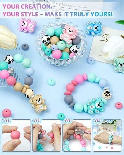 124PCS FIVEIZERO Silicone Focal Beads for Keychain Making, Animal Bear, 15mm Round 12mm Lentil & 10mm Rhinestone Beads for Pens, Bracelets & Crafts with Elastic Cord & Scissors thumbnail 5