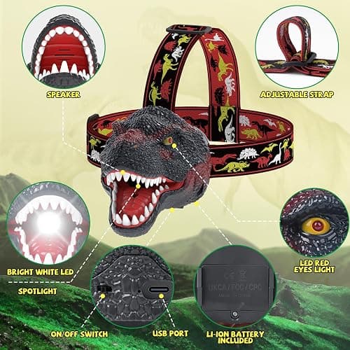 Nitigo Dinosaur Headlamp for Kids Flashlight Rechargeable Led Headlights Roar & Silent Mode, T-Rex Dinosaur Toys for Kids 3-5 4-6 5-7 6-8, Camping Gear, Easter Gifts for Boys Girls Adults thumbnail 2