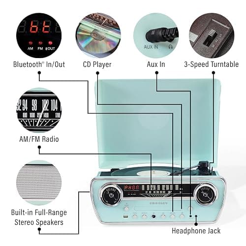 Crosley CR6047A-AB Powel 7-in-1 Bluetooth in/Out Vinyl Record Player with AM/FM Radio, CD Player, and Aux-in, Aqua Blue thumbnail 2