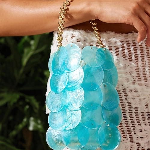 BCVWQXA Women Fashion Shell Woven Handbag Chic Shell Beach Bag Beaded Chain bag for Summer Travel Beach Party thumbnail 3