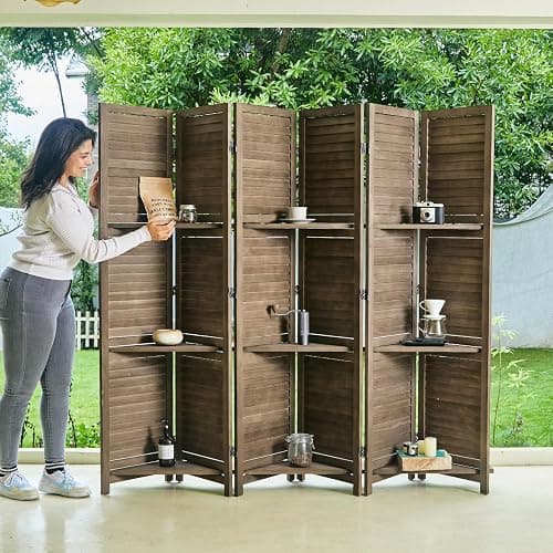 Partition Room Dividers, Folding Wood Privacy Screen with Three Display Shelves Suitable for Home Office, Study, Art Display - 6 Panel, 67 * 77inch (Brown) thumbnail 8