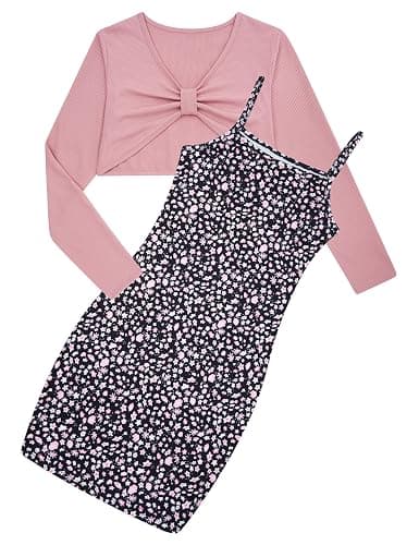 Kimoda Girls 2 Piece Outfits Adjustable Shoulder Strap Cami Dress with Long Sleeve Cardigan Set for 5-14 Years - Image 1