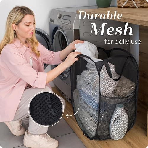 Handy Laundry Collapsible Mesh Pop Up Hamper with Wide Opening and Side Pocket - Breathable, Sturdy, Foldable, and Space-Saving Design for Clothes and Storage (Black) thumbnail 5