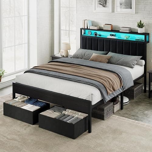 AMERLIFE Queen Bed Frame with LED Light and 2 Storage Drawers, Metal Platform Bed with Storage Headboard, Velvet Upholstered, Heavy-Duty Slats, No Box Spring Needed, Easy Assembly, Black thumbnail 7