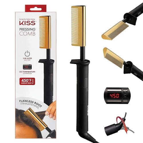 KISS Professional Pressing Comb with Polished Gold Smoothing Comb, Safety Stand, Digital LED Temperature Display, & Tangle Free 360° Swivel Cord - Image 1