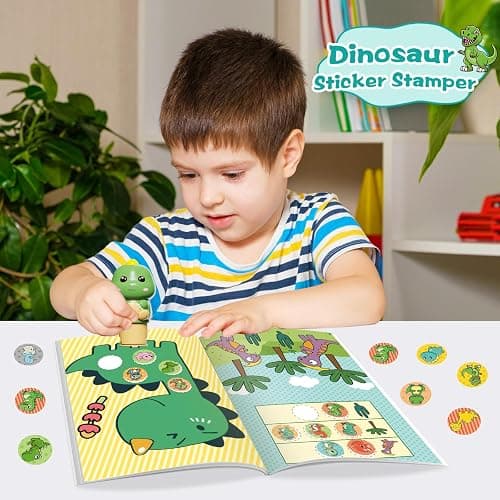 Fozcmisw Sticker Stempel, 24-Seitiges Aktivitätenblock mit 300 Aufkleber, Aufkleberstempel Kinder Fidget Bastelspielzeug,Reisespielzeug für Kleinkinder ab 3 4 5 6 Jahren-Dinosaurierpaket thumbnail 2