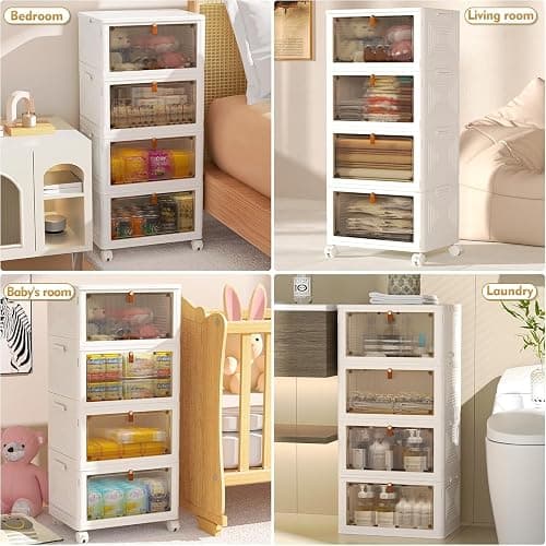 YFXCVSL 4 Tier Plastic Storage Bins with Lid 23QT, Stackable Storage Containers with Wheels, Folding Storage Boxes, Stackable Storage Bins, Organizers and Storage for Living Room,Office,Dorm thumbnail 3