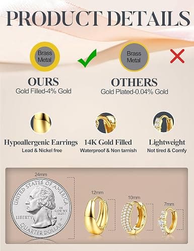 LOLIAS Small 14K Gold Plated Chunky Hoop Earrings for Women Hypoallergenic Silver Earrings Set for Sensitive Ears Non Tarnish Huggie Hoops Earring Stacks for Multiple Piercing Jewelry Lightweight 3Pairs thumbnail 8