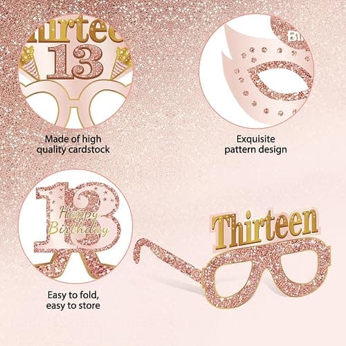 Guiruiy 24PCS 13th Birthday Paper Eyeglasses Decorations for Girls, Pink Rose Gold Happy 13th Birthday Eyeglasses Party Supplies, Funny 13 Year Old Birthday Thirteen Teenager Glasses Decor thumbnail 5