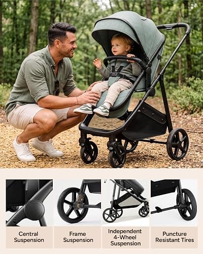 Mompush Wiz 2-in-1 Bassinet Stroller Reversible Seat, One-Hand Fold, Khaki | Newborn to toddler, large wheels with suspension, multi-position recline, UPF 50+ canopy, large basket, cup holder included thumbnail 8