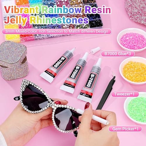 46000Pcs 42 Colors Jelly Rhinestones for Bedazzling, Resin Multicolor 3mm Flatback Gems for Crafting, Bedazzler Kit with 3Pcs 15ml B7000 Jewelry Glue for Crafts Clothes Book Shoes Nail Diamond Art thumbnail 3
