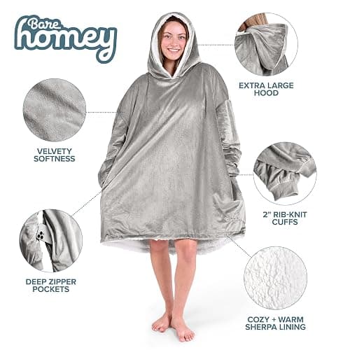 Bare Home Wearable Blanket Hoodie - Soft Plush Sherpa - Warm and Cozy - Oversized Wearable Blanket - Adult & Kid Sizes thumbnail 3