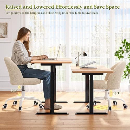 DurayLoly Vanity Chair with Back, Cute Desk Chair with Wheels, Armless Office Chair Height Adjustable, Soft Lumbar Support for Small Space, Bedroom, Light Yellow thumbnail 4