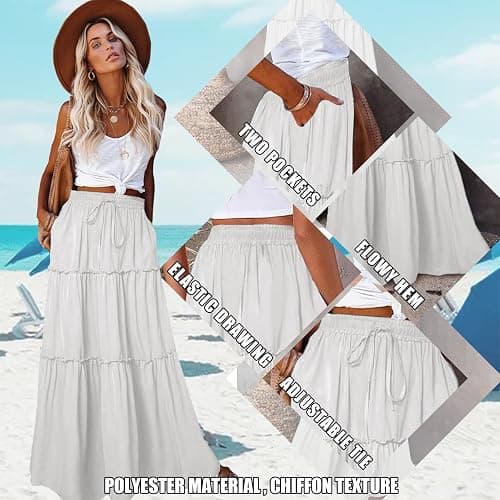 EARKOHA Womens Casual High Waist Tie Paisley Print Long Maxi Skirt with Pockets - Solid-white - Small thumbnail 3