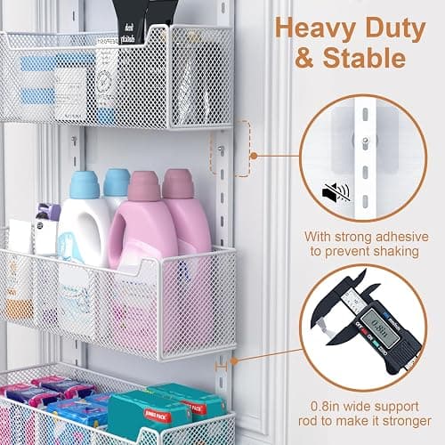 VyGrow Over The Door Organizer, Metal Door Organizer Hanging with 5 Adjustable Baskets and Coat Hook, Behind The Door Storage for Bedroom Closet Bathroom Pantry Cabinet Kitchen, White thumbnail 7