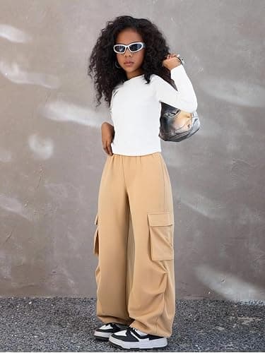 Azmxynol Girls Clothes 2 Piece Outfit Ribbed T-Shirt Top + Cargo Pants, Girls Fall Clothing Set, Sizes 5-16 Years thumbnail 3