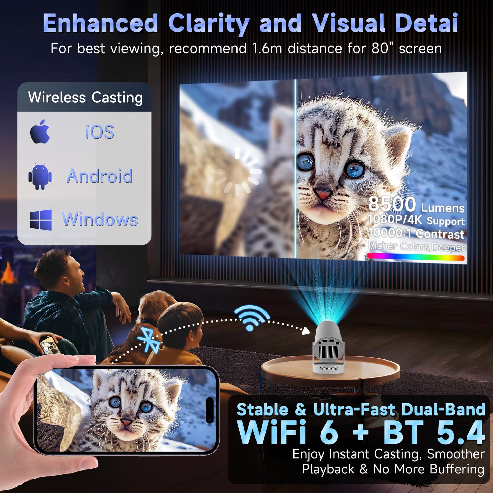 Mini Projector 1080P/4K Support, [Electronic Focus & Built-in App] Portable Projectors with WiFi 6 and Bluetooth 5.4, 5W Hi-Fi Speaker, Auto Vertical Keystone 180°Rotatable Projector Home Theater thumbnail 4