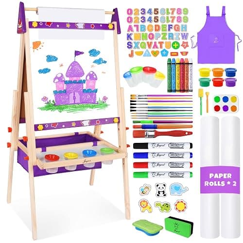 Joyooss Art Easel for Kids Easel for Toddlers,Adjustable Standing Wooden Toddler Easels Kid Whiteboard & Chalk Board Kids Dry Erase Board,Art Easel for Kid Age 2-4 4-8 9-12 Drawing Easels - Image 1