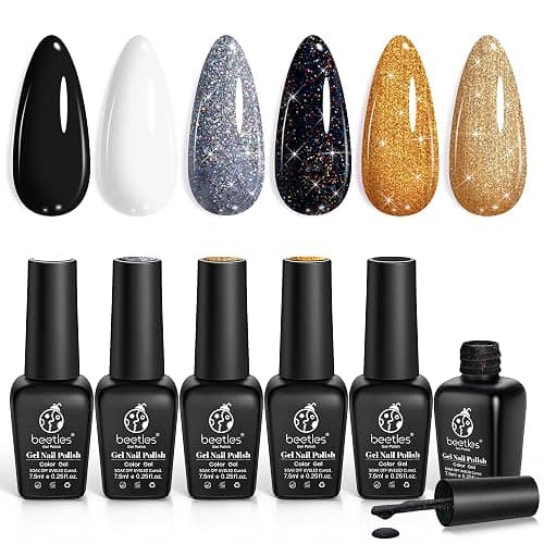 Beetles Shimmer Gel Nail Polish Set, 6 Colors Black White Polish Gel Silver Rose Gold Glitter Fall Nail Polish Soak Off Uv Lamp Nail Art Manicure Salon Gifts for Her Women - Image 1