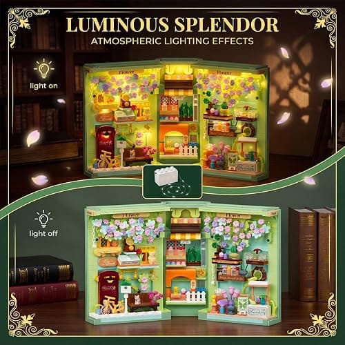 NEWABWN Floral Book Nook Building Set with Light, Compatible with Flowers DIY Booknook Building Block kit for Home Decor Bookshelf, 1106 PCS Bookend House Building Toy Gift for Adult 14+ thumbnail 5