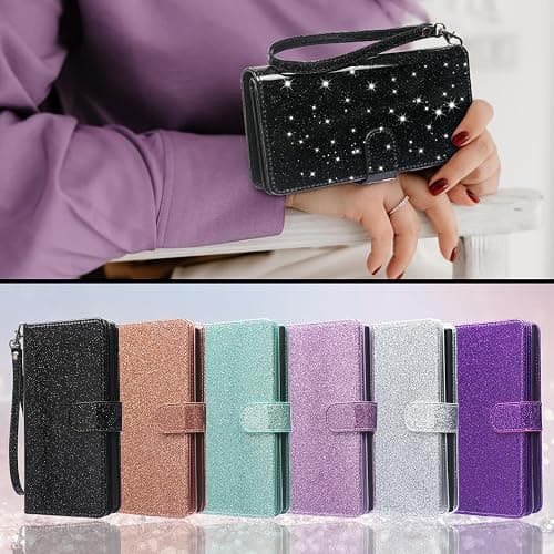 Varikke for iPhone 15 Case Wallet Strong Magnetic Detachable, Black | Magnetic Detachable Phone Cover, with 9-Card Holder Slots, Glitter PU Leather Flip Removable Wallet for Women with Wristlet thumbnail 9