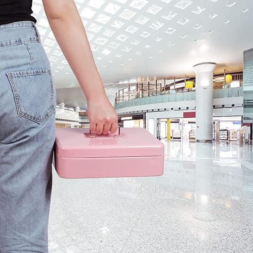 Cash Box with Money Tray and Key Lock, Money Box with Safe Locking, Money Saving Lock Box for Cash Register 11.8"x9.45"x3.54" Pink XL Large thumbnail 9