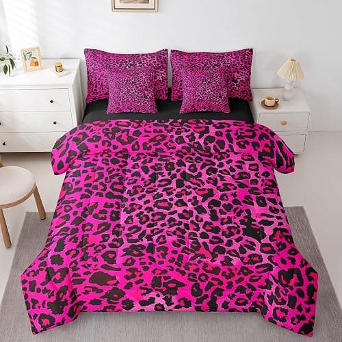 jejeloiu Kids Hot Pink Leopard 7 Piece Bedding Set Full Size Animal Print Comforter Set with Sheets for Boys Girls Teens Cheetah Bed in a Bag Breathable Soft Microfiber Women Men Safari Bedroom Decor thumbnail 3