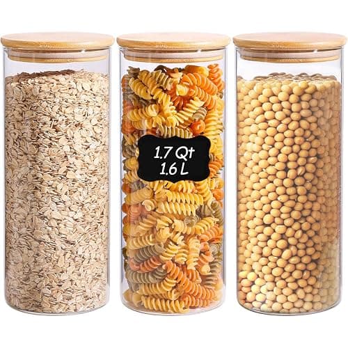 ComSaf 1.7 Qt Glass Storage Containers with Lids, Glass Jars with Lids, Clear Food Storage Jar, Round Canister Set of 3, Pantry Organizers for Pasta Flour Cookie Rice Tea Coffee Bean - Image 1