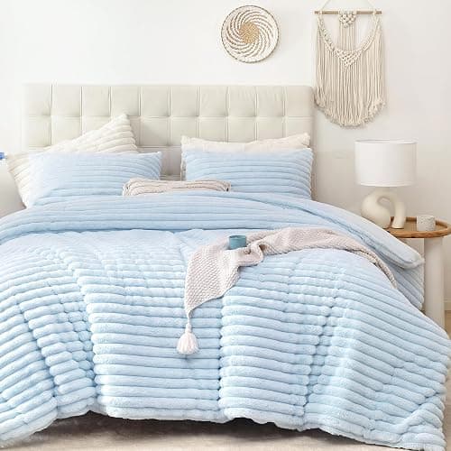 Smoofy Fluffy Queen Size Comforter 3 PCS - Light Blue Fleece Bedding Set | Luxury Fuzzy Plush & Super Soft Bed Set All Season, Heavy Cozy Warm Faux Fur Stripe Comforter with 2 Pillow Cases - Image 1
