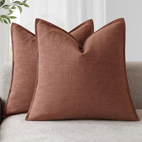 Foindtower Pack of 2, Decorative Linen Soild Throw Pillow Covers Soft Accent Euro Cushion Case Boho Farmhouse Pillowcase for Chair Couch Sofa Bedroom Living Room Home Decor 20 x 20 Inch Rust Red - Image 1