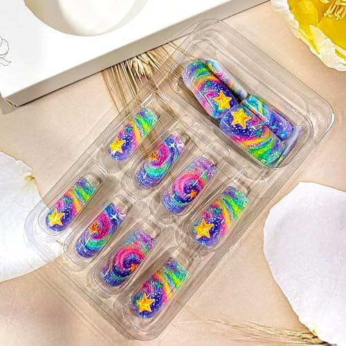 TBRZTR Stars Press on Nails Medium Square Colorful Starry Sky Pattern Design Gradient Fake Nail Acrylic Artificial Glue on Nails Full Cover Glossy Press Ons Stick on Nail for Women Manicure 24Pcs thumbnail 4