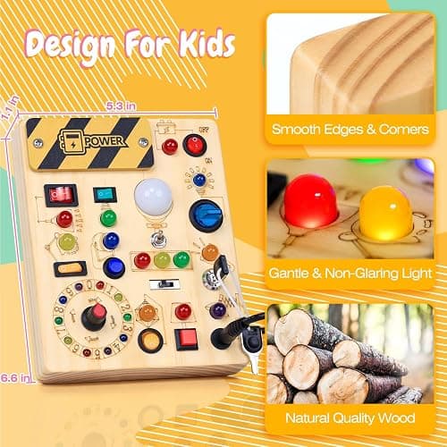 Busy Board with LED Light Switches, Montessori Toys for 1 2 3 Years Old, Toddlers Wooden Toy Sensory Activity Board, Travel Toys for 1+ Year Old Boy & Girl Birthday Gift thumbnail 6