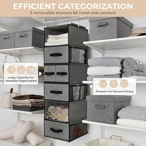 GRANNY SAYS Hanging Closet Organizer 6 Shelves, Closet Organizers and Storage with 5 Drawers, 6 Side Pockets Closet Hanging Organizer, Hanging Storage Organizer for Closet, Baby Clothes, Gray thumbnail 5