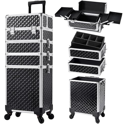 Stagiant Rolling Makeup Case Cosmetology Case on Wheels 4 in 1 Large Cosmetic Organizer Train Case Makeup Travel Case with Key Swivel Wheels Nail Artist Salon Storage Traveling Cart Trunk Black - Image 1