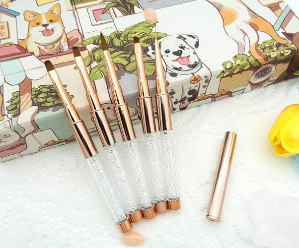 Pinceau Nail Art Ongles Gel Professionnel avec Capuchon Bouchon - LEA-SHALL 5 Pièces Pinceaux Fin Liner/Plat/Rond/Acrylique French pour Ongle Peinture Acrylique UV Construction Set ã Brosses Strass thumbnail 7