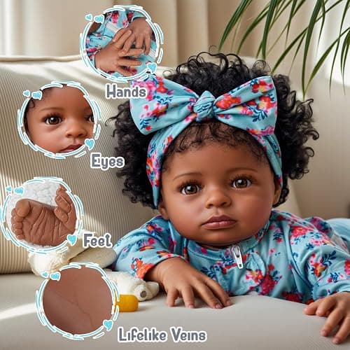 BABESIDE Lifelike Reborn Black Girl- 18-Inch Realistic Newborn Real Life Baby Dolls with Clothes and Toy Gift for Kids Age 3+ thumbnail 5
