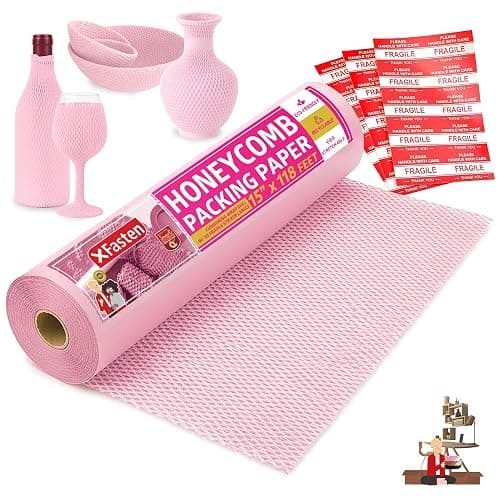 Pink Honeycomb Packing Paper for Moving 15-Inch x 118-Feet Bubble Honeycomb Wrap, Honeycomb Wrapping Paper for Packing Cushion with 30 Fragile Stickers Packing Supplies by Xfasten - Image 1