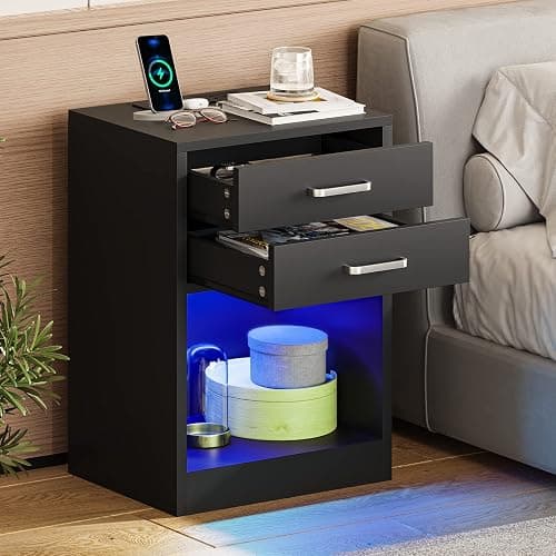 ADORNEVE LED Nightstands Set of 2,Night Stands for Bedrooms Set of 2,Nightstand with Charging Station and LED Lights,Black Bedside Table with Power Outlets & Drawers,Modern End Side Table thumbnail 6