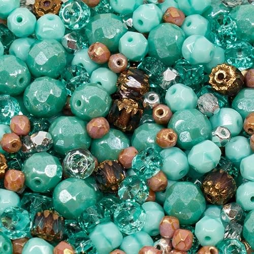 0.9 oz (25g) Gentle Mix of Faceted Fire Polished Czech Glass Beads (Round, Rondelle etc) 4-9mm, Teal Turquoise - Image 1