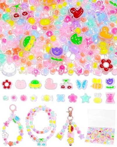 FIVEIZERO 400PCS Assorted Acrylic Beads for Jewelry & Bracelet Making | 7 Iridescent Colors, Assorted Cute Shapes, Lightweight and Durable, Smooth Surface Finish, Great for DIY Projects - Image 1