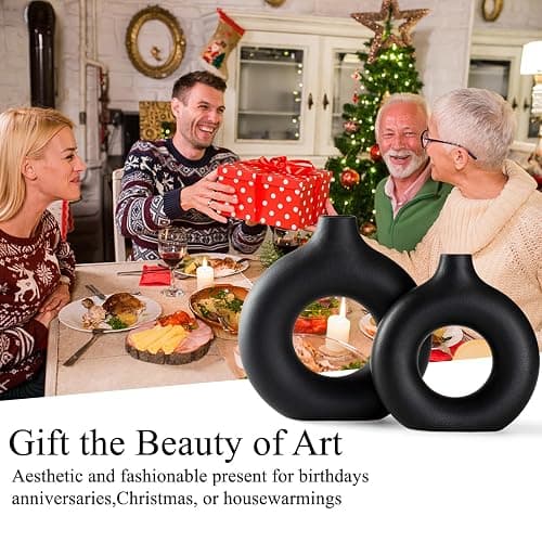 Hanaomaoyi Black Ceramic Donut Vase Set of 2, Hollow Round Matte Pampas Flower Vases for Boho Home Wedding Party Room Dinner Table Shelf Decor.（Black） thumbnail 9