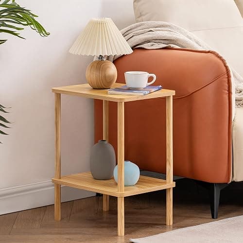 Apicizon 2 Tier End Table Set of 2, Small Side Table with Solid Wood Legs, Boho Bedside Table with Storage Shelf, Nightstand for Small Spaces, Bedroom, Living Room, Entryway, Easy Assembly, Natural thumbnail 2